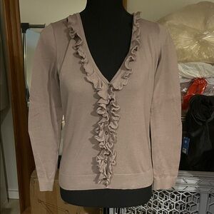 Ann Taylor Ruffled V-Neck Sweater - Light Brown